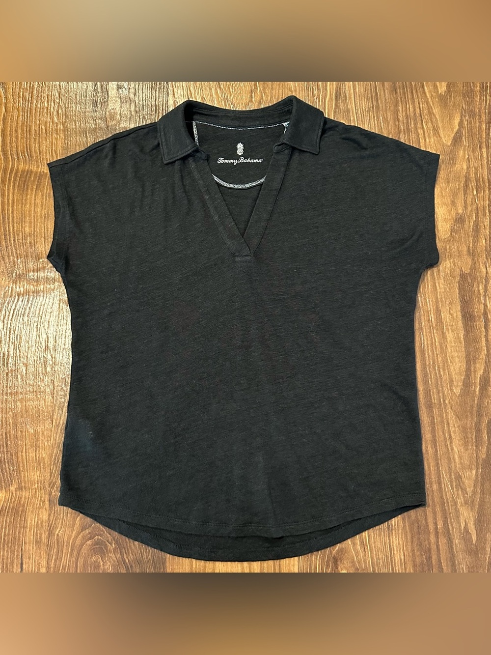 Tommy Bahama Linnea Johnny Linen Short Sleeve Black Women S-XXS Collared Top
